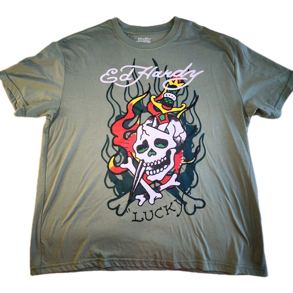 ED HARDY Skull Cross-Bones T-Shirt Mens XL Green Cotton Tattoo Graphic NEW